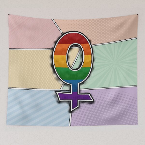 Item preview, Halftone Lesbian Pride Female Gender Symbol with Rainbow Flag Background designed and sold by LiveLoudGraphic.