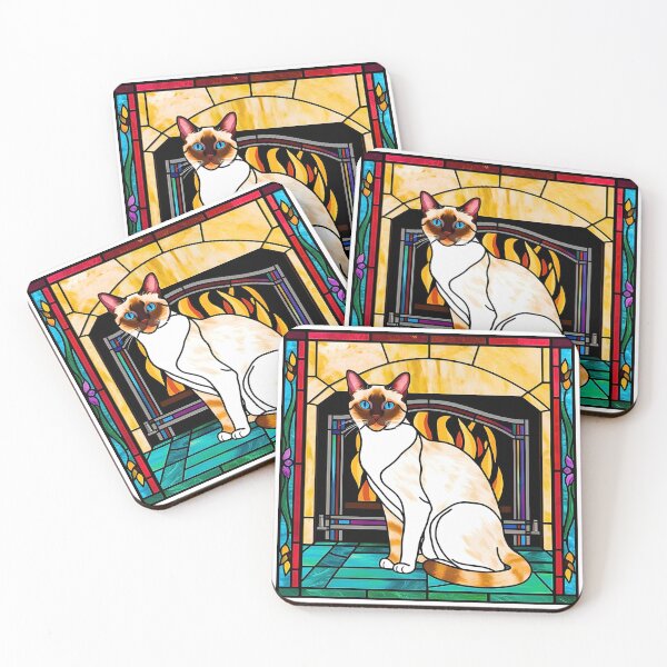 Item preview, Stained Glass Siamese Kitty Cat by the Fireplace – Vibrant & Cozy Design designed and sold by Fredster1966.