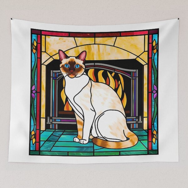Item preview, Stained Glass Siamese Kitty Cat by the Fireplace – Vibrant & Cozy Design designed and sold by Fredster1966.
