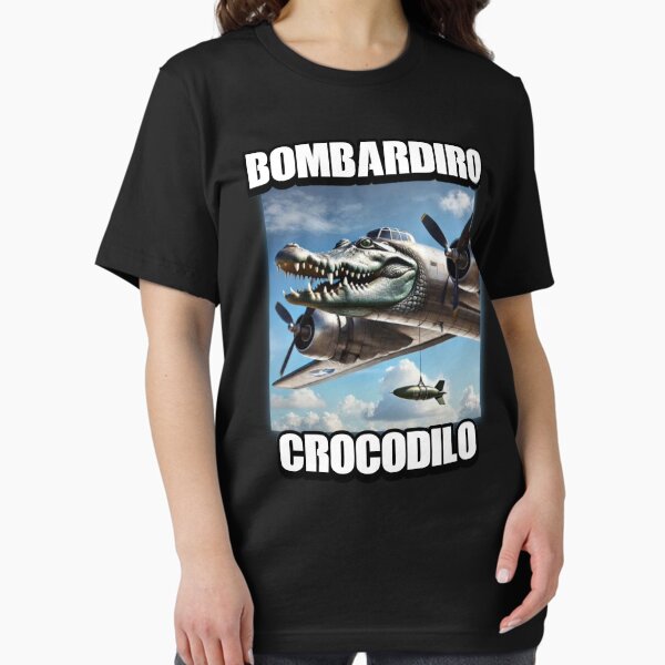 Vista previa del artículo con la obra «Bombardiro Crocodilo Avión Bombardero Cocodrilo. Tralalero Tralala Meme Tendencia Viral», diseñado y vendido por SillyMerchant.