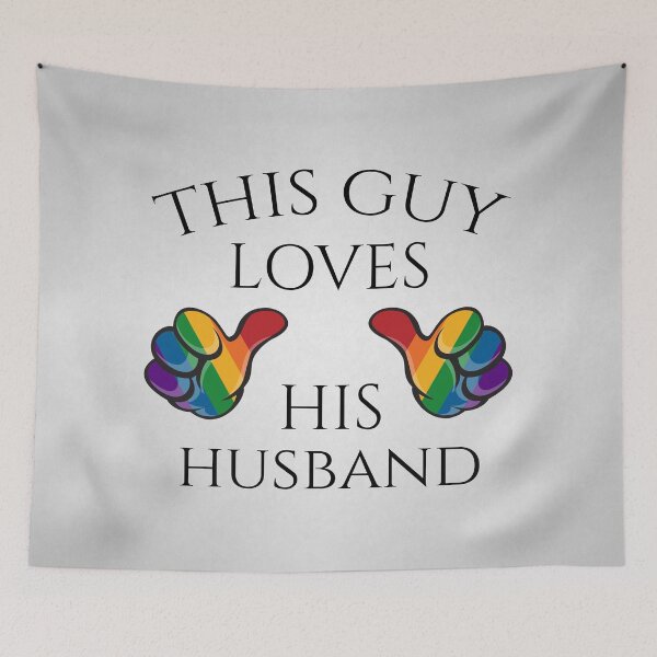 Item preview, This Guy Loves His Husband Gay Pride Typography with Rainbow Thumbs designed and sold by LiveLoudGraphic.