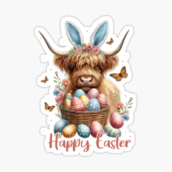 Vista previa del artículo con la obra «Vaca de las Tierras Altas con Orejas de Conejo de Pascua: Un Bonito Diseño Navideño de Primavera», diseñado y vendido por Canvas-Dreamer.