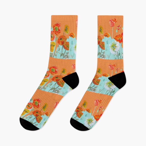 Artikelvorschau, Mohn Aquarell Malerei Orange Rot Gelb auf Orange und Aqua entworfen und verkauft von Sarah Rajkotwala.