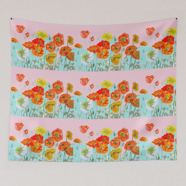 Artikelvorschau, Mohn Aquarell Malerei Orange Rot Gelb auf Blush Pink und Aqua entworfen und verkauft von Sarah  Rajkotwala.