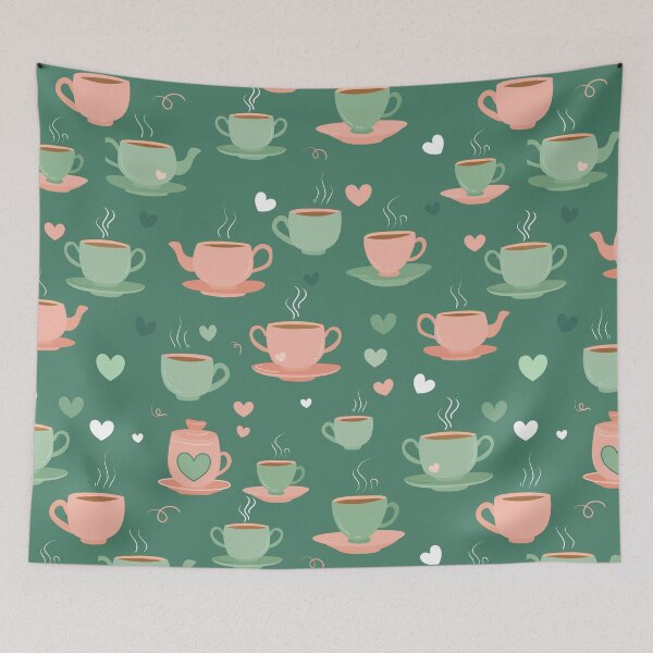 Item preview, Steamy Sips, Teapots, Cups & Little Hearts, Warm Drinks Afternoon Tea, Whimsical Caffein Wall Art, Seamless Cute Pattern Design  designed and sold by Kintsugi99.