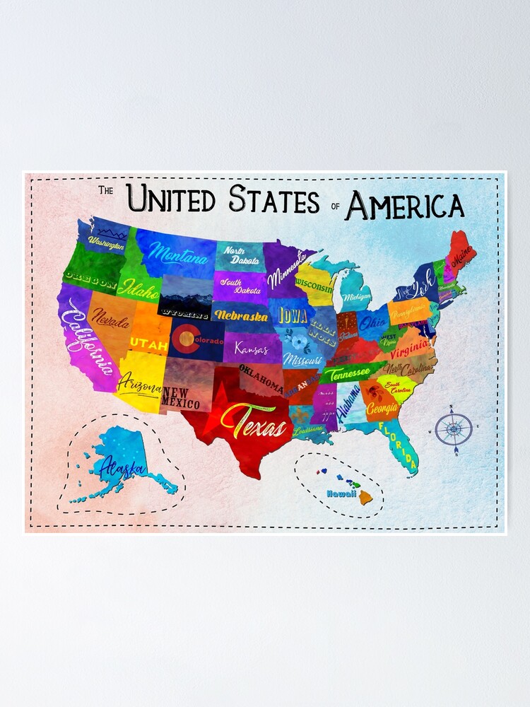 "Watercolor Mosaic Map of the United States of America" Poster by loudestkitten  Redbubble