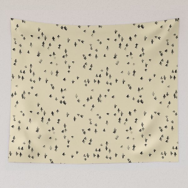 Item preview, Black flying birds silhouettes on yellow background minimalist pattern. Pencil sketch modern japandi  designed and sold by helga-wigandt.