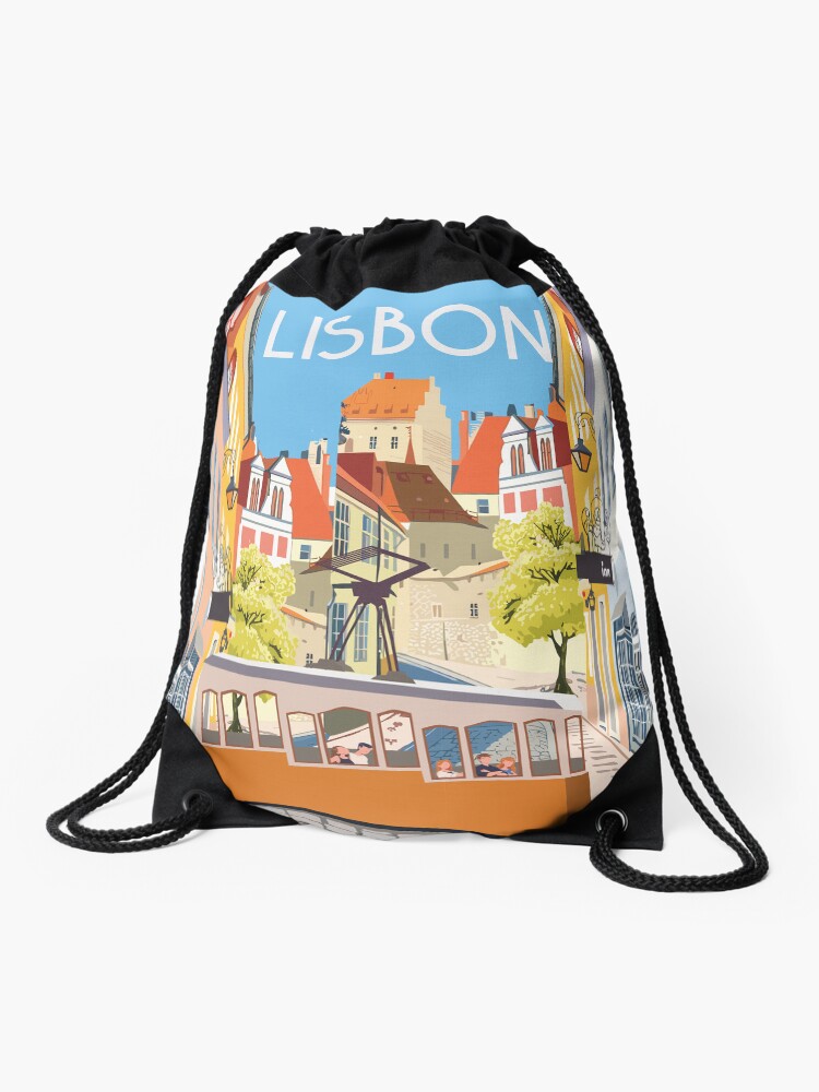 Thumbnail 1 of 3, Drawstring Bag, LIsboa lisbon, vintage travel poster,sticker, greeting card designed and sold by Caravanstudio.