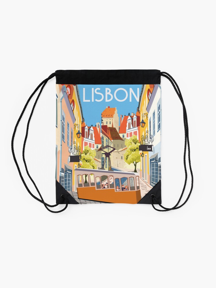 Thumbnail 2 of 3, Drawstring Bag, LIsboa lisbon, vintage travel poster,sticker, greeting card designed and sold by Caravanstudio.