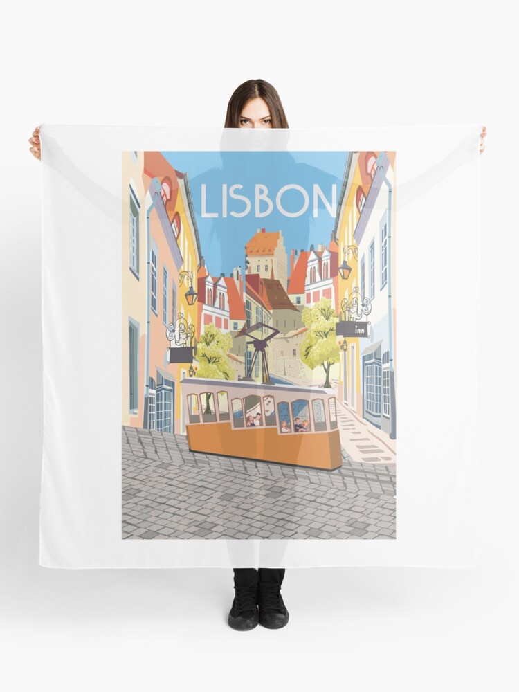 Thumbnail 1 of 3, Scarf, LIsboa lisbon, vintage travel poster,sticker, greeting card designed and sold by Caravanstudio.