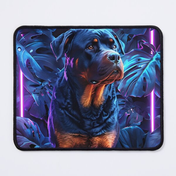 Artikelvorschau, Rottweiler umgeben von leuchtenden Monstera-Blättern im Neonlicht entworfen und verkauft von MountAshDesigns.