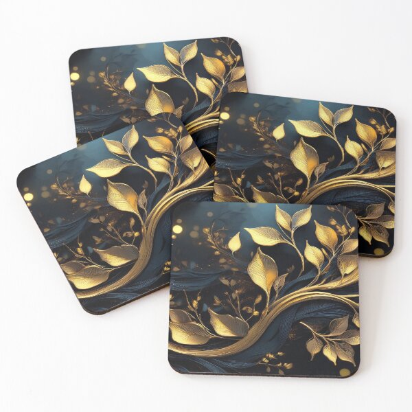Item preview, Gold iridescent leaf pattern, Bright glowing gold branch with leaves on black background, geometric leafy Modern pattern, gold and black decor, golden tree branch  designed and sold by navitalidesign.
