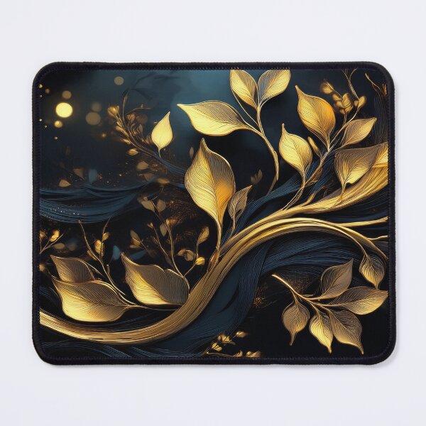 Item preview, Gold iridescent leaf pattern, Bright glowing gold branch with leaves on black background, geometric leafy Modern pattern, gold and black decor, golden tree branch  designed and sold by navitalidesign.