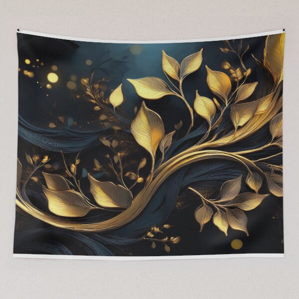 Item preview, Gold iridescent leaf pattern, Bright glowing gold branch with leaves on black background, geometric leafy Modern pattern, gold and black decor, golden tree branch  designed and sold by navitalidesign.