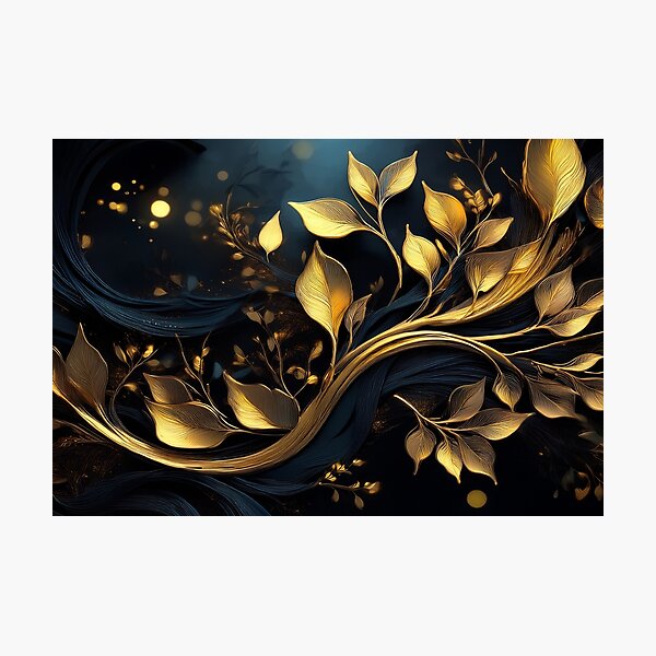 Item preview, Gold iridescent leaf pattern, Bright glowing gold branch with leaves on black background, geometric leafy Modern pattern, gold and black decor, golden tree branch  designed and sold by navitalidesign.
