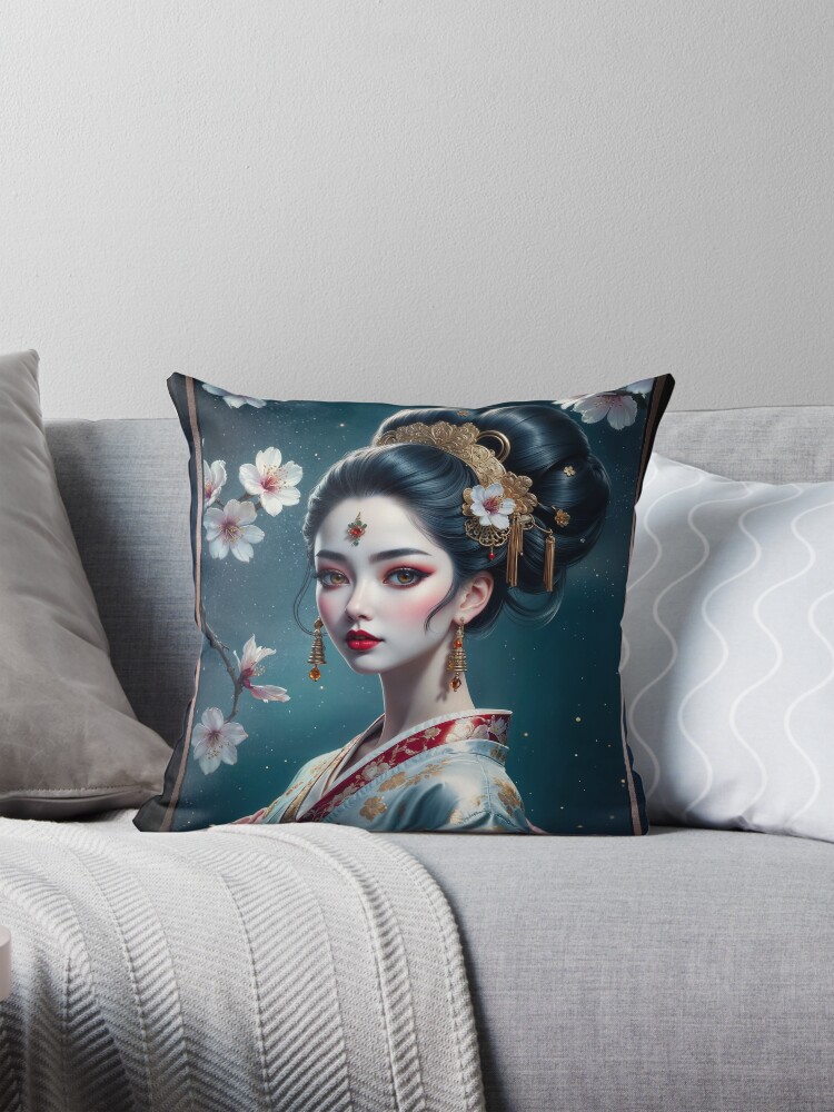A Ukiyo-e Inspired Portrait Of The Graceful Akiko Yamaguchi AI Concept Art by Xzendor7 4 A Ukiyo-e Inspired Portrait Of The Graceful Akiko Yamaguchi Enchanting AI Concept Art by Xzendor7 Decorative Art Print Throw Pillow