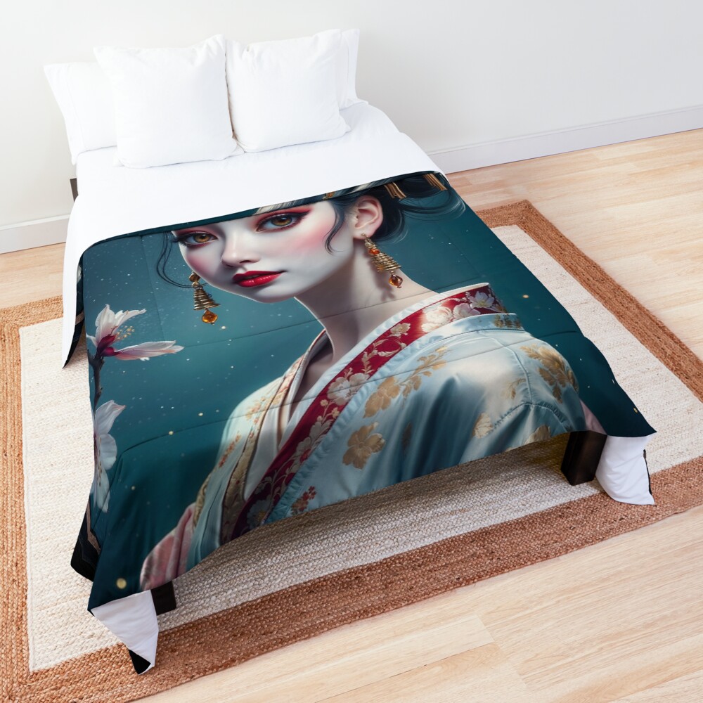 A Ukiyo-e Inspired Portrait Of The Graceful Akiko Yamaguchi AI Concept Art by Xzendor7 3 A Ukiyo-e Inspired Portrait Of The Graceful Akiko Yamaguchi Enchanting AI Concept Art by Xzendor7 Decorative Art Print Comforter