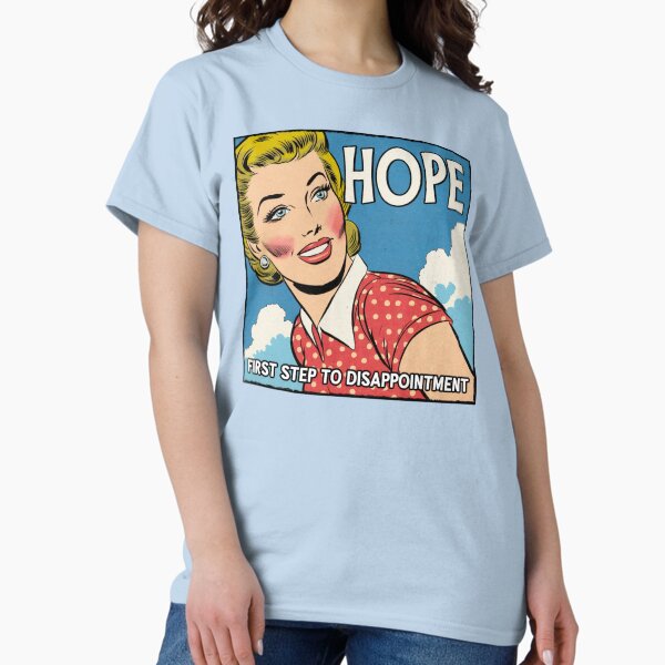 Vista previa del artículo con la obra «Esperanza, decepción, bajas expectativas. oscuro, tonto, meme, funnyfits70, humor, gracioso, retro, vintage, citas divertidas, humor animal,», diseñado y vendido por FunnyFits70.