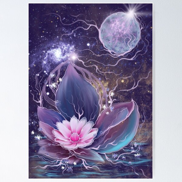 Vista previa del artículo con la obra «Loto rosa flotando en el agua azul del cielo nocturno», diseñado y vendido por AlinaNeilande.