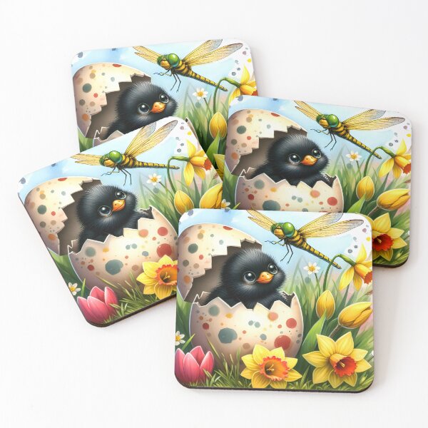 Item preview, Cute black chick in cracked dotted egshell peeking to a flying dragonfly easter watercolor art designed and sold by EmeraldeaArt.