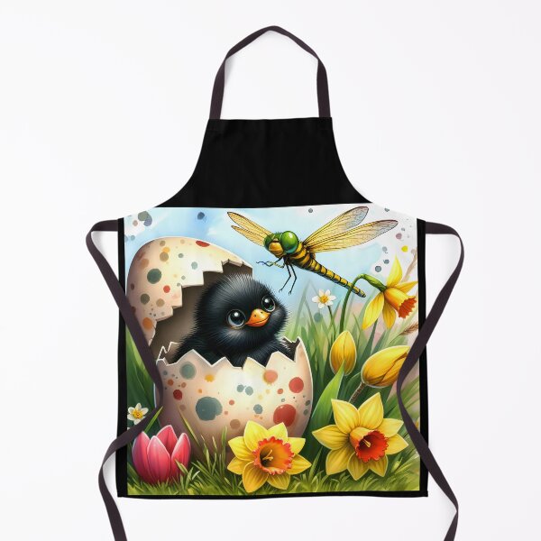 Item preview, Cute black chick in cracked dotted egshell peeking to a flying dragonfly easter watercolor art designed and sold by EmeraldeaArt.