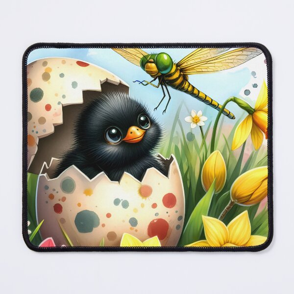 Item preview, Cute black chick in cracked dotted egshell peeking to a flying dragonfly easter watercolor art designed and sold by EmeraldeaArt.