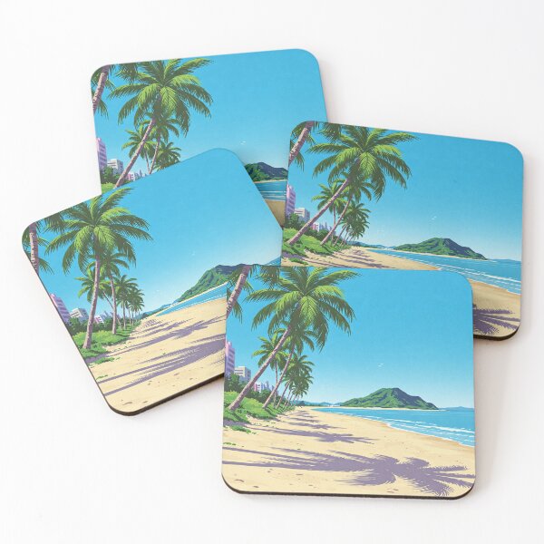 Item preview, A serene beach scene in a vibrant cartoon style, featuring palm trees casting long shadows on the sandy shore designed and sold by BARTISTA DESIGN.