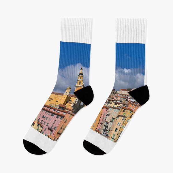 Item preview, Colorful old buildings and church tower in Menton city, France, summer season designed and sold by goceris.