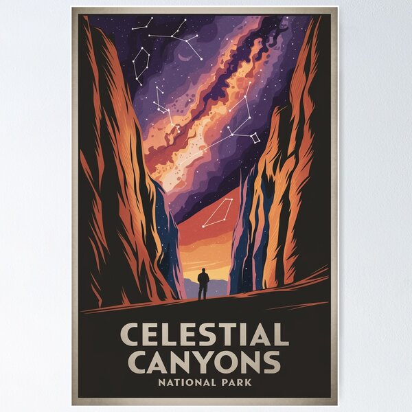 Item preview, Celestial Canyons – Cosmic Night Sky Travel Poster designed and sold by ChaoticInkwell.