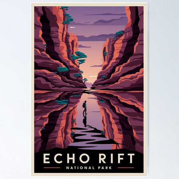 Item preview, Echo Rift – The Mirror Canyon Travel Poster designed and sold by ChaoticInkwell.