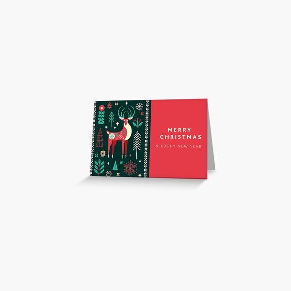 Aperçu de l'œuvre Voeux de Joyeux Noël et Bonne Année de style Art Populaire avec des cerfs stylisés, des arbres et des éléments festifs créée et vendue par Jdawnink.