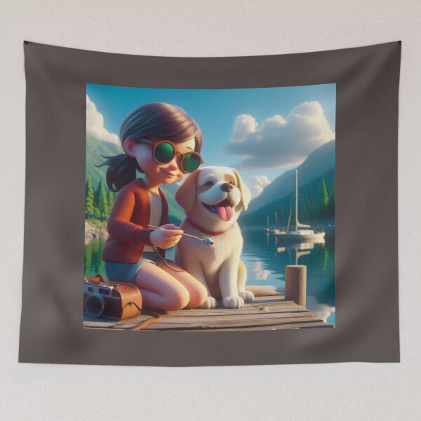 Item preview, Girl and Her Loyal Dog by the Lakeside Bridge designed and sold by choder61.