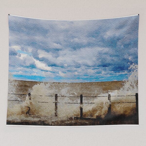 Item preview, Watercolor painting of Lake Erie waves crashing against a shore with dramatic clouds designed and sold by GestaltImagery.