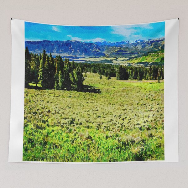 Item preview, Watercolor depiction of the Beartooth Highway landscape in Wyoming panoramic view designed and sold by GestaltImagery.
