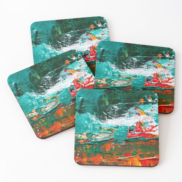Item preview, Teal, red and orange abstract art painting design designed and sold by Basma Store.