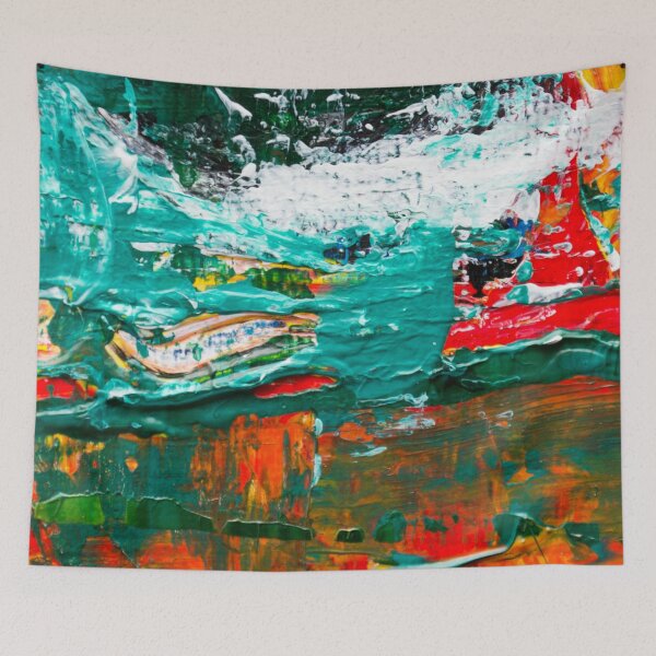 Item preview, Teal, red and orange abstract art painting design designed and sold by Basma Store.