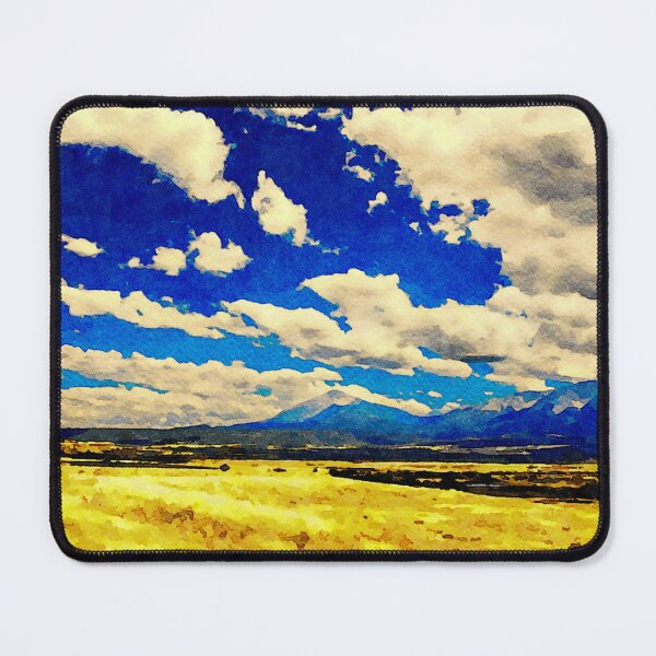 Item preview, Watercolor depiction of Spanish Peaks under a vivid blue sky and clouds designed and sold by GestaltImagery.