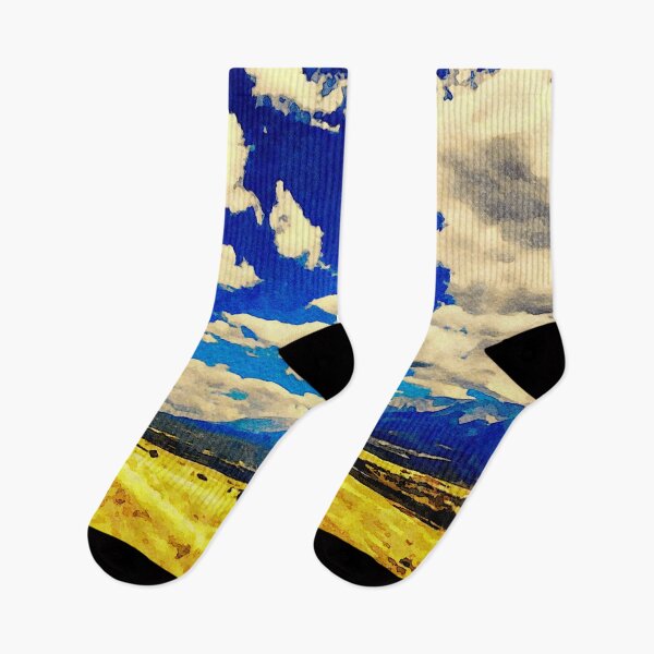Item preview, Watercolor depiction of Spanish Peaks under a vivid blue sky and clouds designed and sold by GestaltImagery.