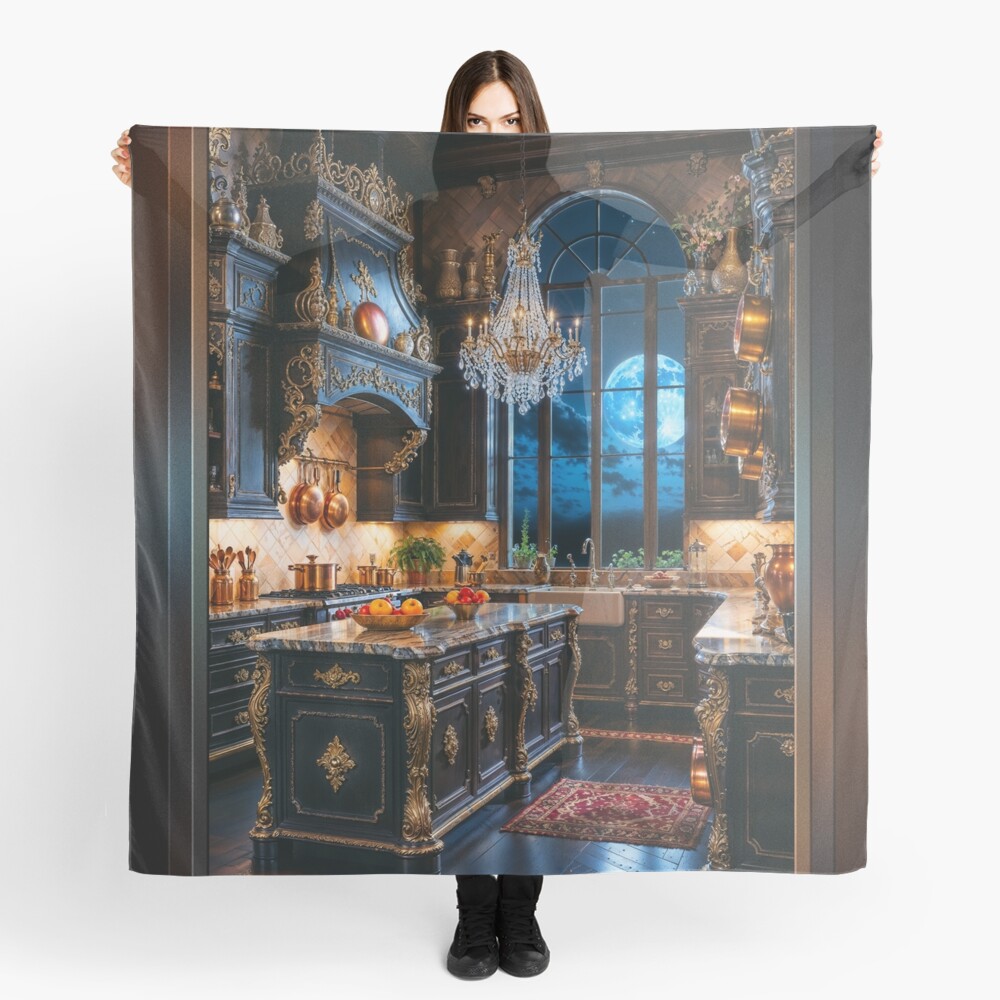 Moonlit Elegance Of A Luxurious Classic Kitchen Enchanting AI Concept Art by Xzendor7 Decorative Art Print Ladies Scarf