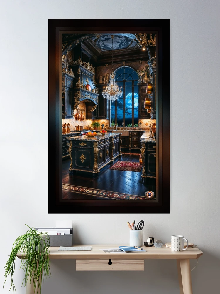Moonlit Elegance Of A Luxurious Classic Kitchen Enchanting AI Concept Art by Xzendor7 Wall Decor Poster Art Print