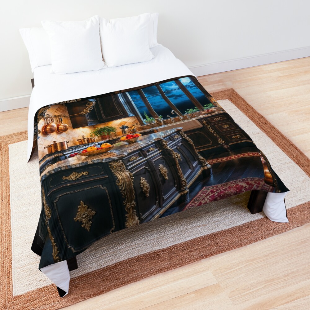 Moonlit Elegance Of A Luxurious Classic Kitchen Enchanting AI Concept Art by Xzendor7 Decorative Art Print Comforter