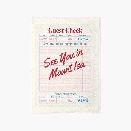 Vista previa del artículo con la obra «Nos vemos en Mount Isa - Impresión de viaje con cheque de invitado de restaurante vintage», diseñado y vendido por RM-Journey.
