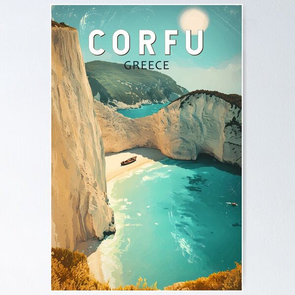 Vista previa del artículo con la obra «Ilustración de Corfú, Grecia, viajes, arte vintage», diseñado y vendido por KrisSidDesigns.