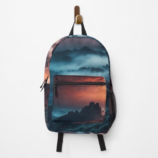 Item preview, Beautiful sunset landscape with high mountain peaks and sun . Dark mode colors. designed and sold by digoarpi.