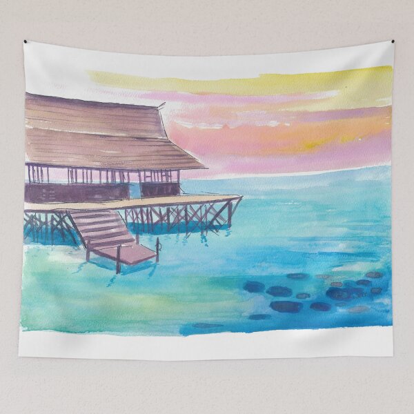 Item preview, Overwater South Seath Bungalow Serenity Under a Sunset Sky designed and sold by artshop77.