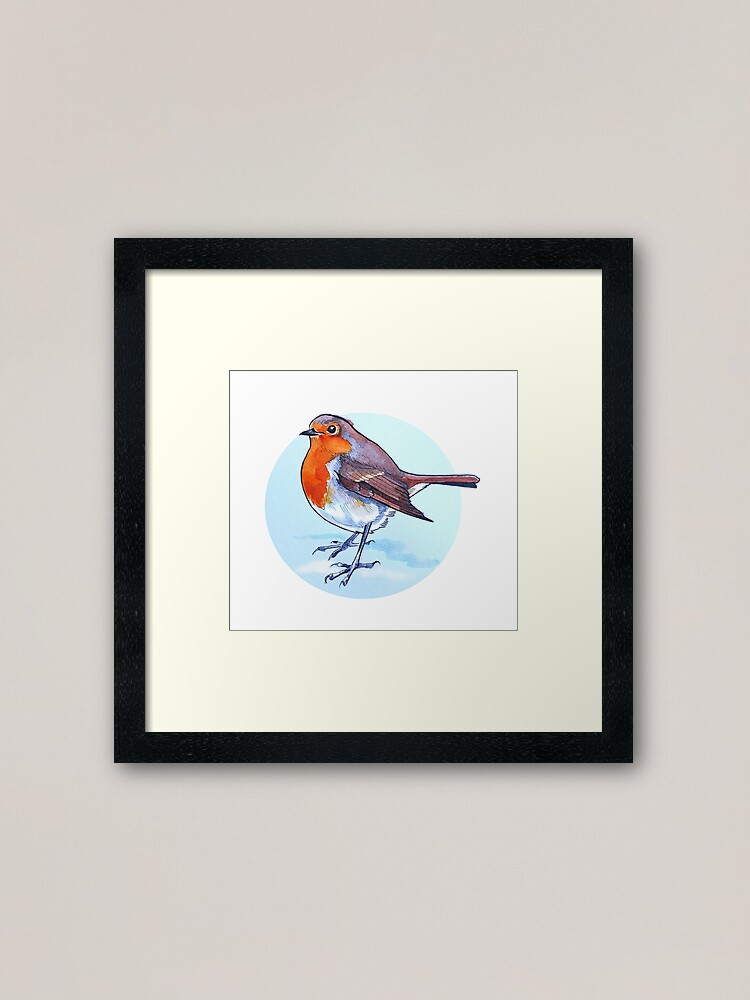 Aperçu 1 sur 7. Impression encadrée avec l'œuvre Illustration aquarelle du petit rouge-gorge effronté créée et vendue par InkySwallows.