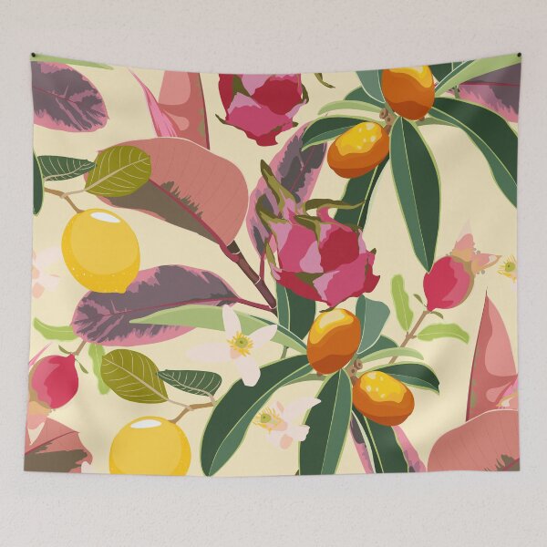 Item preview, Kumquat, lemon and  papaya, bananas with flower and dragon fruit seamless pattern of tropical fruits. designed and sold by MatyKotiv.