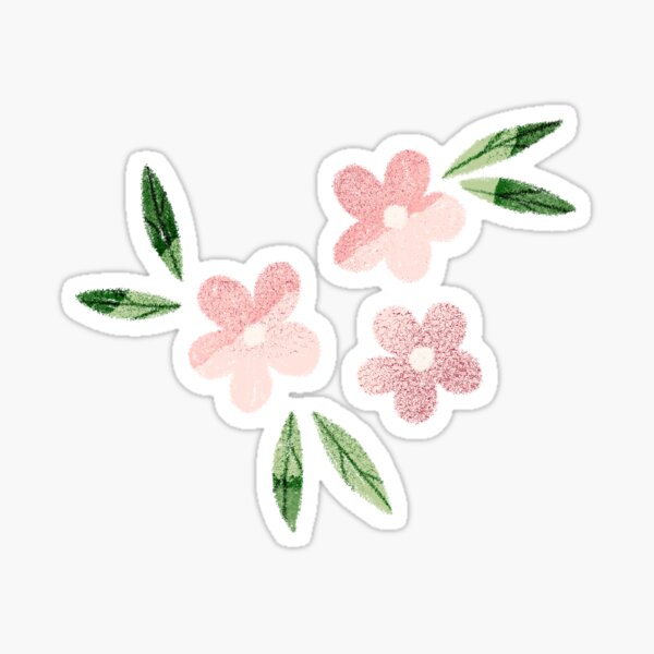 Tiny and cute pink flowers and green leaves pattern on violet background. Botanical illustration. Sticker