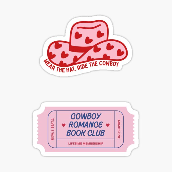Artikel-Vorschau von wear the hat, ride the cowboy and cowboy romance book club - red and pink cowboy hat and pink ticket, designt und verkauft von catdiasart.