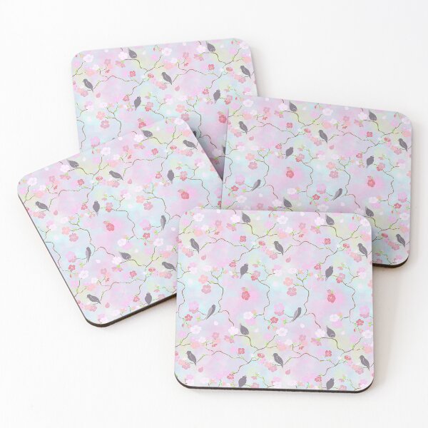 Item preview, Grey birds on branches with green leaves and pink flowers. designed and sold by claireseyeview.